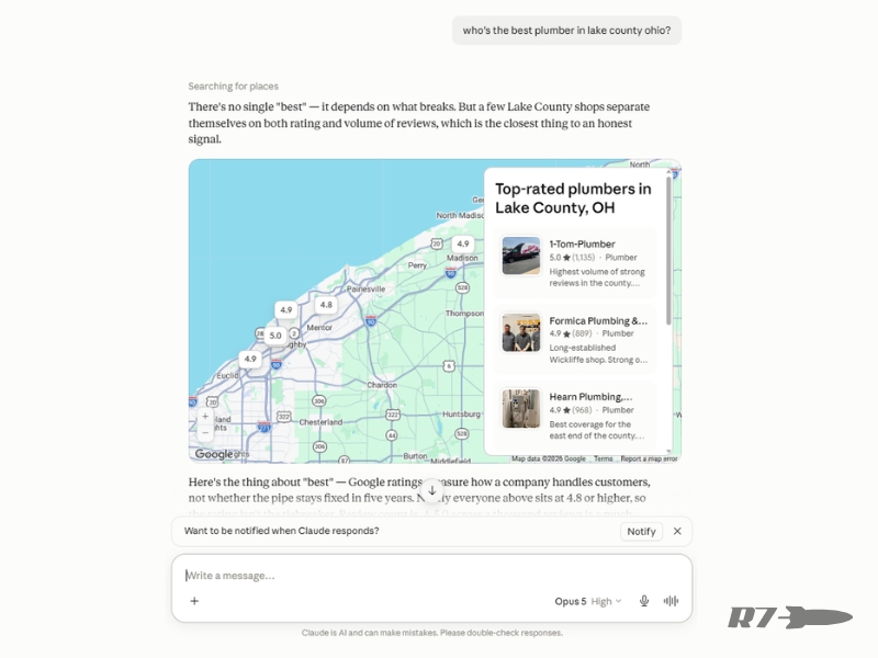 Screenshot of an answer from Anthropic&rsquo;s Claude answering &ldquo;who is the best plumber in Lake County ohio?&rdquo;