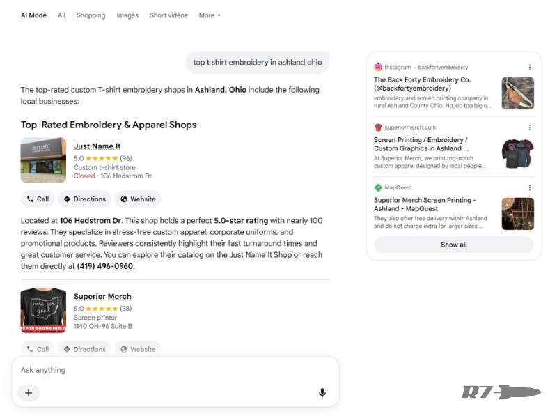 Screenshot of an answer from Google&rsquo;s AI Mode answering &ldquo;top t shirt embroidery in ashland ohio&rdquo;